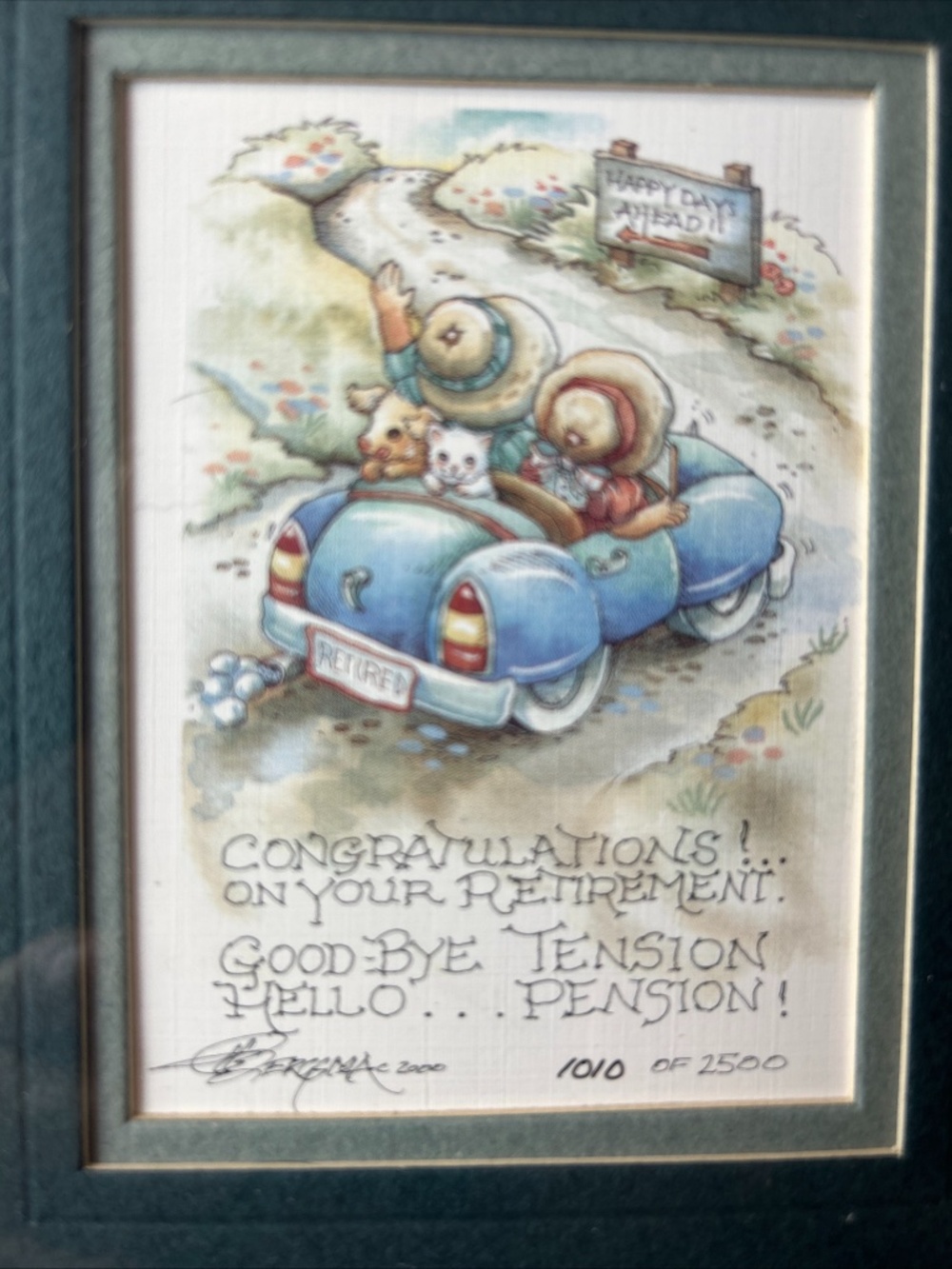Vtg Jody Bergsma Lithograph Congratulations on your Retirement Frame Whimsy COA